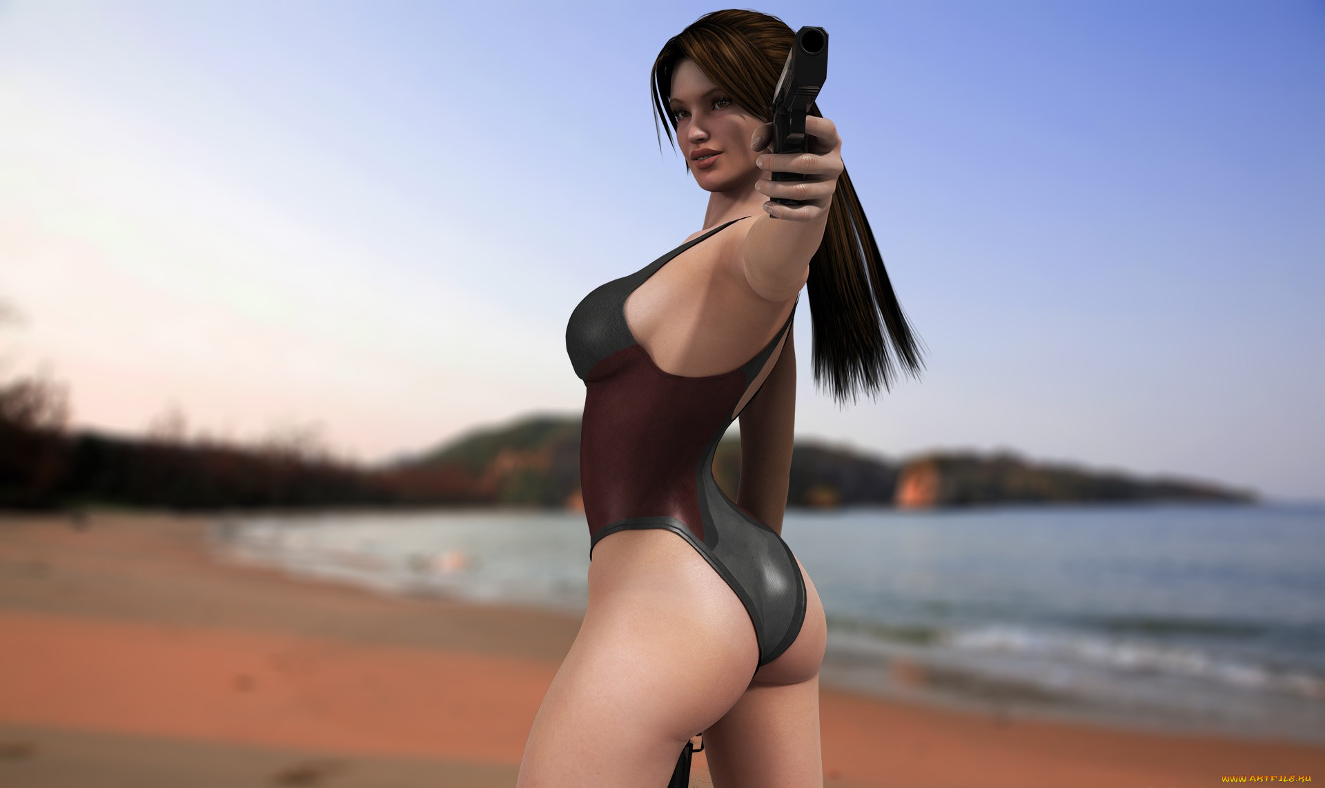 Сексуальная героиня видеоигры в гламурном купальнике